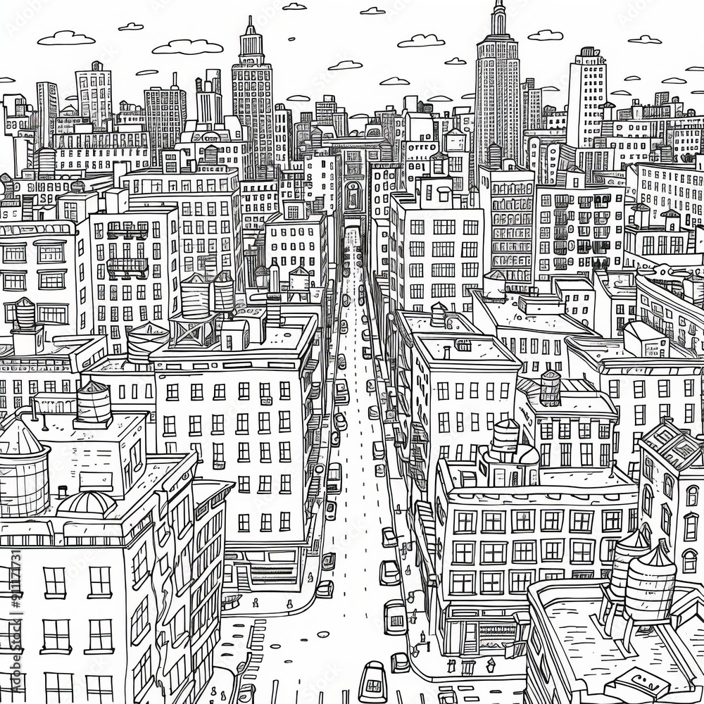 printable cityscape coloring page with buildings and cars , black line ...