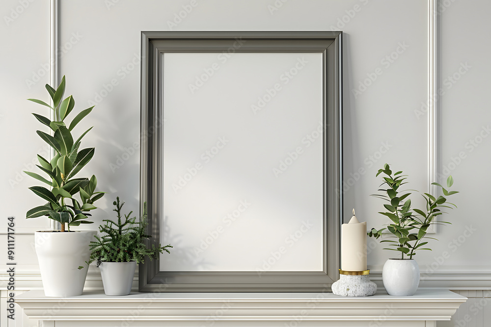 Empty frame on a white mantle with plants , blank mock up for art showcase, Empty frame on a white mantle with plants , blank mock up for art showcase,