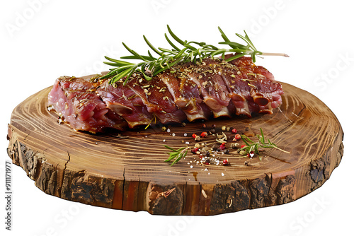 Meat ready for baking on a wooden board, sprinkled with seasonings and herbs.