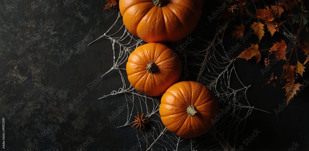 Happy halloween flat lay mockup with pumpkins and spider web on black background. Autumn holiday concept composition. Top view with copy space