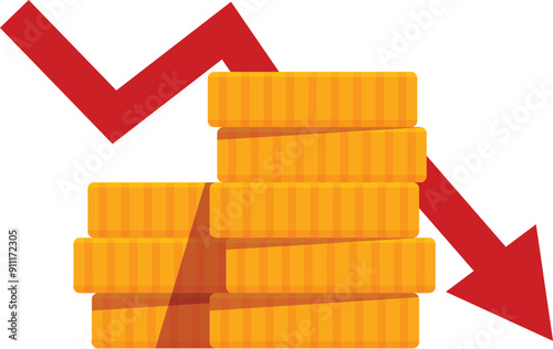 Stack of golden coins is decreasing while a red arrow is pointing down representing a financial crisis
