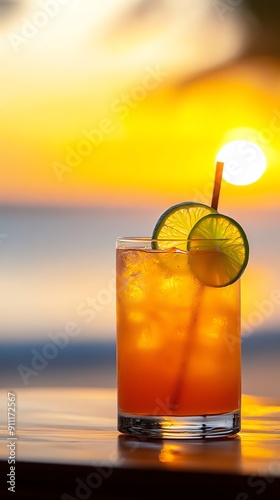 A vibrant image of a chilled Dawa cocktail in a glass, garnished with lime slices and honey, placed on a beachside table with a sunset view over the ocean photo