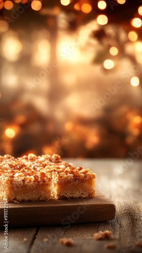 An assortment of butter tart squares displayed on a wooden serving board, with holiday decorations in the background, warm lighting enhancing the festive feel photo