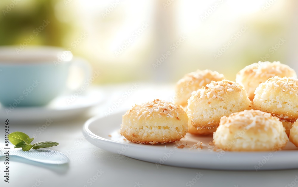 An inviting closeup of a Kenyan coconut macaroons, golden and crispy on the outside, arranged in a pyramid shape on a white platter, with a cup of tea in the background An inviting closeup of a Kenyan coconut macaroons, golden and crispy on the outside, arranged in a pyramid shape on a white platter, with a cup of tea in the background