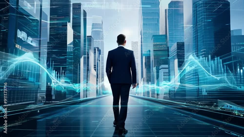 Businessman walking towards futuristic city. Businessman walking towards futuristic city.