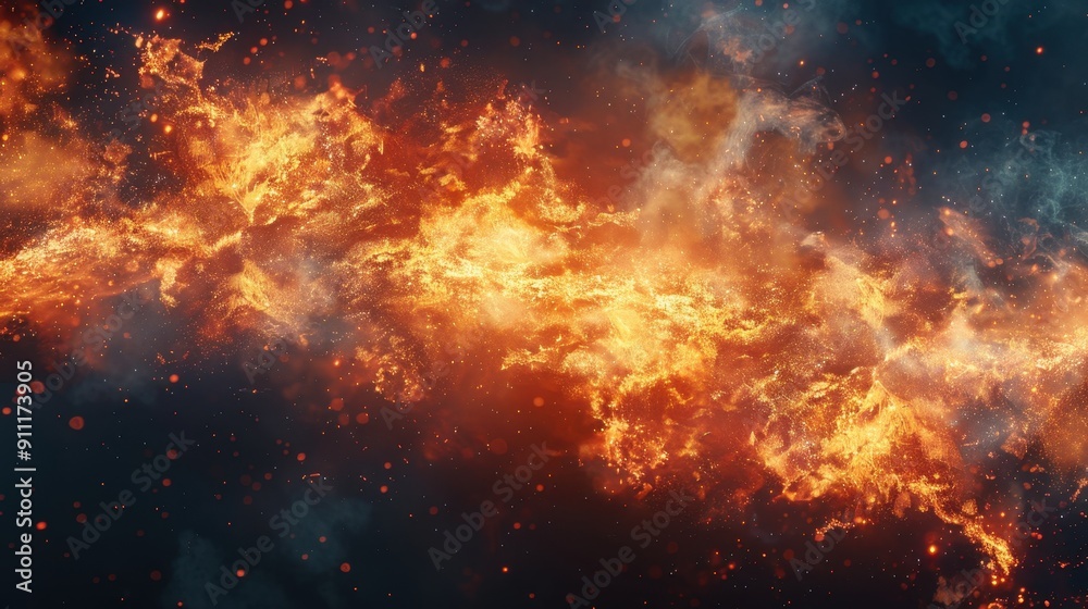 Fototapeta premium Fiery Explosion in Space with Bright Flames and Dark Smoke Creating a Dramatic and Intense Cosmic Scene