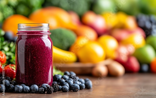 Bush tucker berry smoothie in a mason jar, photographed with a backdrop of a colorful Australian market stall photo