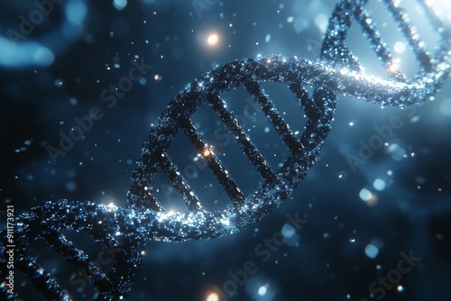 Symbolizing biotechnology and genetics research, a DNA double helix with blue and white lighting against a dark background.