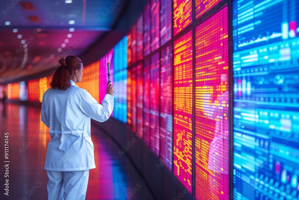 Woman in White Lab Coat Examining Colorful Data Display Wall Woman in White Lab Coat Examining Colorful Data Display Wall