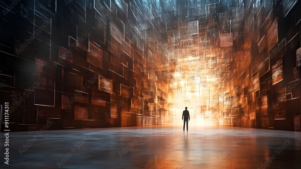 Fototapeta premium Man Standing in a Glowing Room.