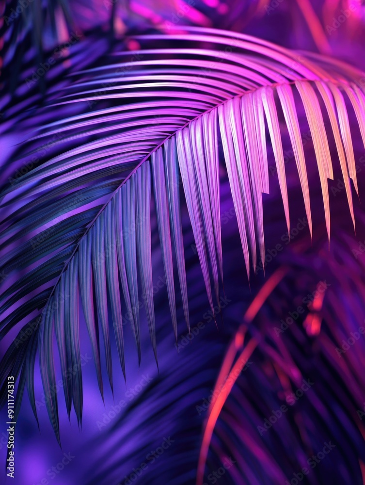 Obraz premium A close-up of a palm leaf on a purple background, ideal for use in designs related to nature and botanicals