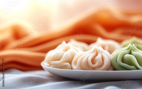 Colorful Thai luk chup fruitshaped mung bean desserts arranged on a white plate, with a traditional Thai silk cloth in the background photo