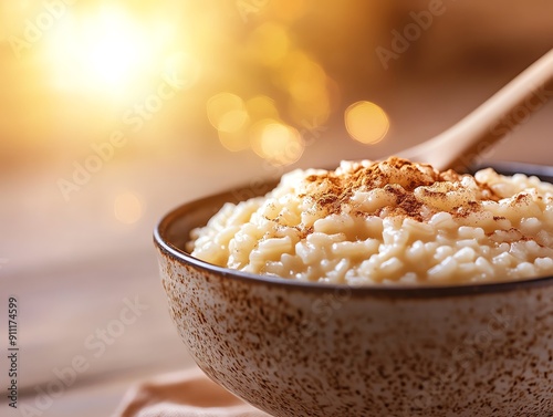 Creamy arroz con leche sprinkled with cinnamon served in a vintage ceramic bowl with a wooden spoon rustic kitchen setting