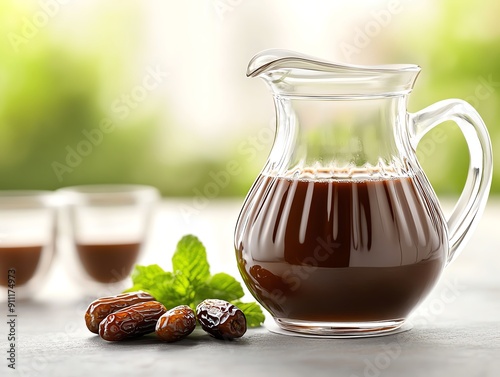 Egyptian carob juice Kharoub served in a glass jug with matching glasses, accompanied by fresh carob pods and dates, photographed in a bright, airy kitchen setting photo