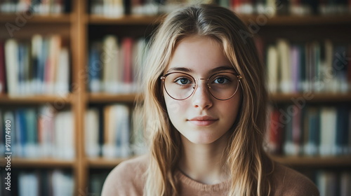 portrait of a pretty young girl in a library