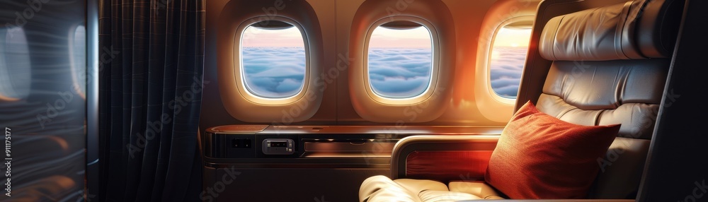 Luxurious First-Class Airplane Seat with Sunset View Through Windows Above the Clouds Luxurious First-Class Airplane Seat with Sunset View Through Windows Above the Clouds