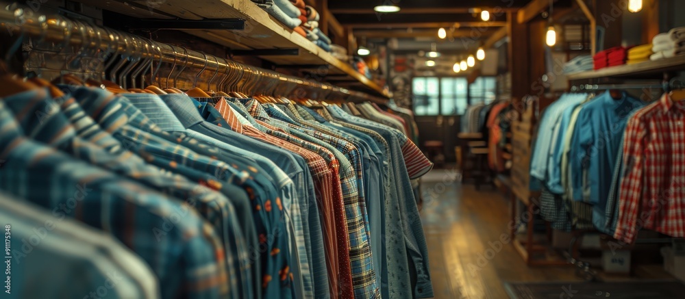 Fototapeta premium Cozy Vintage Clothing Store Interior with Wooden Shelves and Hanging Shirts in Warm Lighting