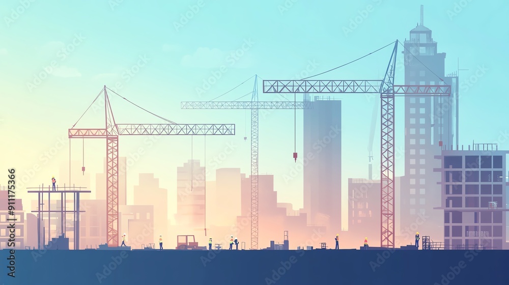 Abstract city skyline with construction cranes during sunset, symbolizing urban development and progress in architecture. Abstract city skyline with construction cranes during sunset, symbolizing urban development and progress in architecture.