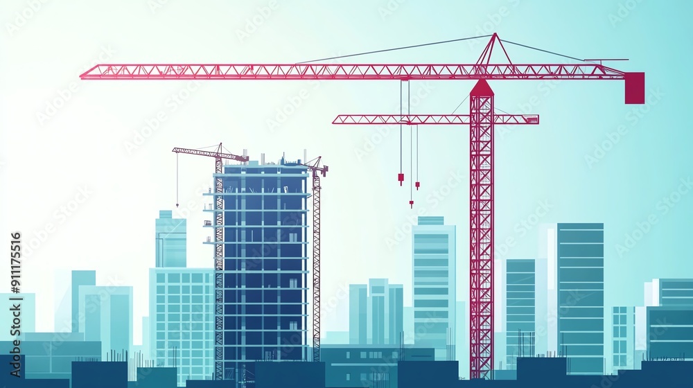 A modern city skyline with construction cranes overseeing a building project, showcasing urban development and progress. A modern city skyline with construction cranes overseeing a building project, showcasing urban development and progress.