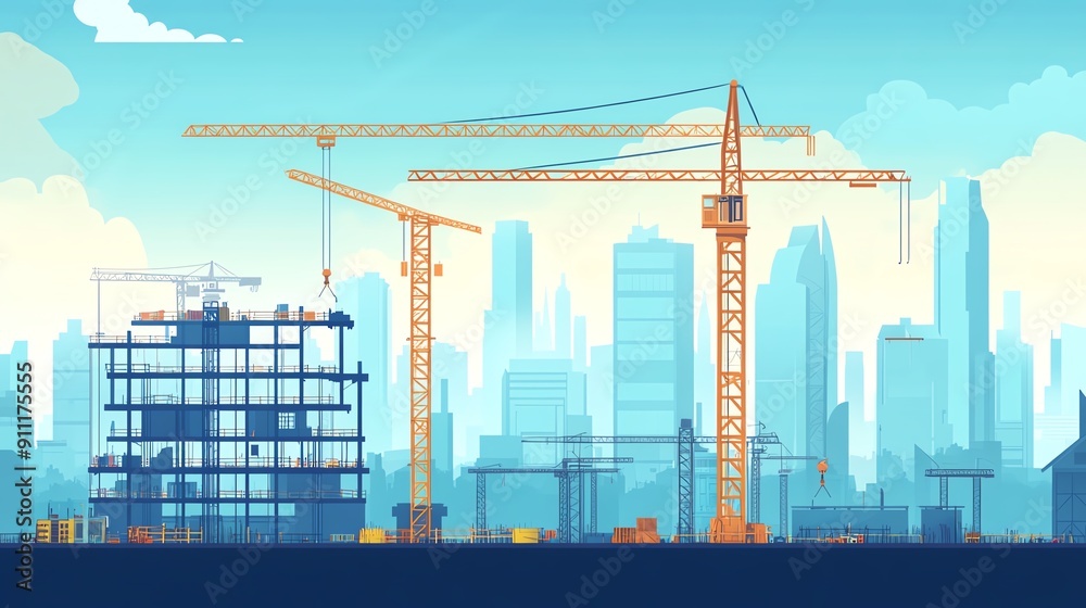 A vibrant construction scene featuring cranes and a rising building amidst a modern city skyline. A vibrant construction scene featuring cranes and a rising building amidst a modern city skyline.
