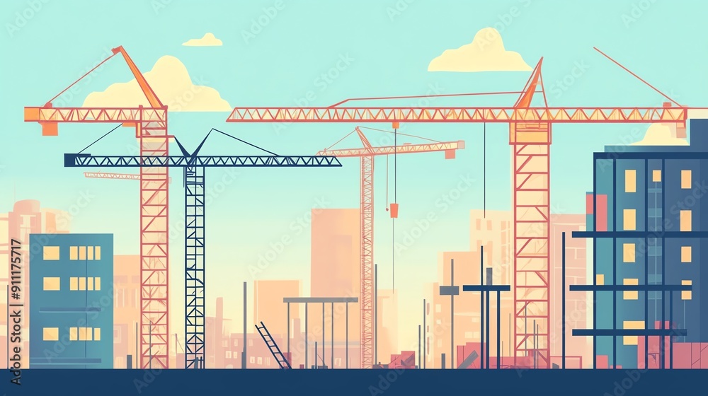 A vibrant illustration of construction cranes working on a city skyline with buildings under development and a bright blue sky. A vibrant illustration of construction cranes working on a city skyline with buildings under development and a bright blue sky.