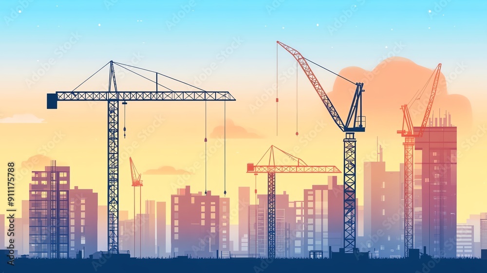 Silhouette of construction cranes against a vibrant sunset sky, illustrating urban development and skyline growth. Silhouette of construction cranes against a vibrant sunset sky, illustrating urban development and skyline growth.
