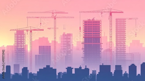 Silhouetted city skyline featuring cranes and buildings against a pastel sunrise, symbolizing urban development and construction.