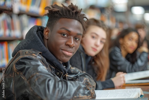 Young people of various backgrounds collaborating on a project in a library