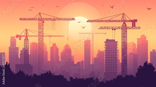 Silhouetted construction cranes against a vibrant sunset, depicting urban development and growth in a cityscape.