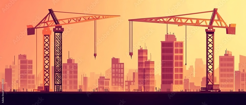 Silhouetted construction cranes against a vibrant sunset, symbolizing urban development and modern architecture. Silhouetted construction cranes against a vibrant sunset, symbolizing urban development and modern architecture.