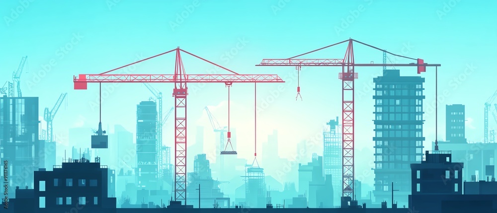 A vibrant construction scene showcasing cranes against a city skyline, symbolizing urban development and progress.