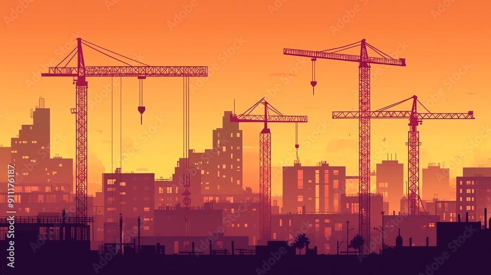Silhouette of a city skyline with construction cranes against a stunning orange sunset background. Silhouette of a city skyline with construction cranes against a stunning orange sunset background.