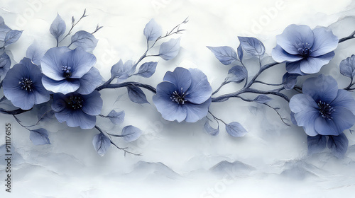 Fototapeta Naklejka Na Ścianę i Meble -  Elegant colorful with vibrant flower hanging branches illustration background. Bright color 3d abstraction wallpaper for interior mural, Generated by AI	