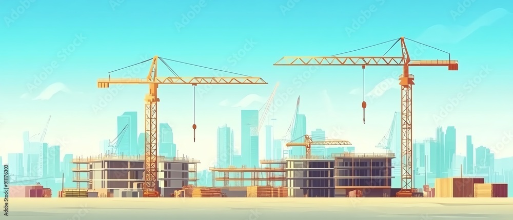 A vibrant city skyline featuring construction cranes and buildings under development. Ideal for architecture and construction themes. A vibrant city skyline featuring construction cranes and buildings under development. Ideal for architecture and construction themes.