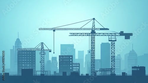 Silhouette of construction cranes against a city skyline, symbolizing urban development and growth at dawn or dusk.