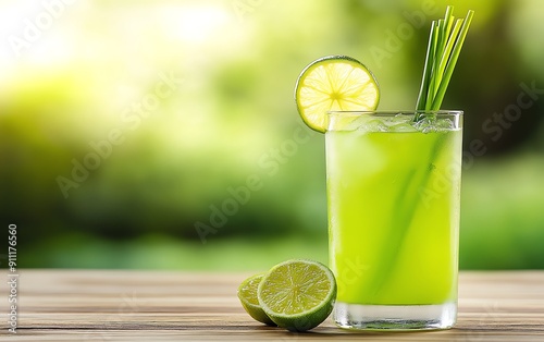 Refreshing Thai lemongrass and lime drink in a tall glass, with fresh lime slices and lemongrass stalks, set on a wooden table with a view of a serene Thai garden