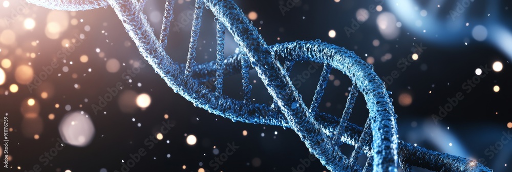 It emphasizes the field of genetic science and biotechnology by its detailed image of a DNA helix in vibrant blue shades It emphasizes the field of genetic science and biotechnology by its detailed image of a DNA helix in vibrant blue shades