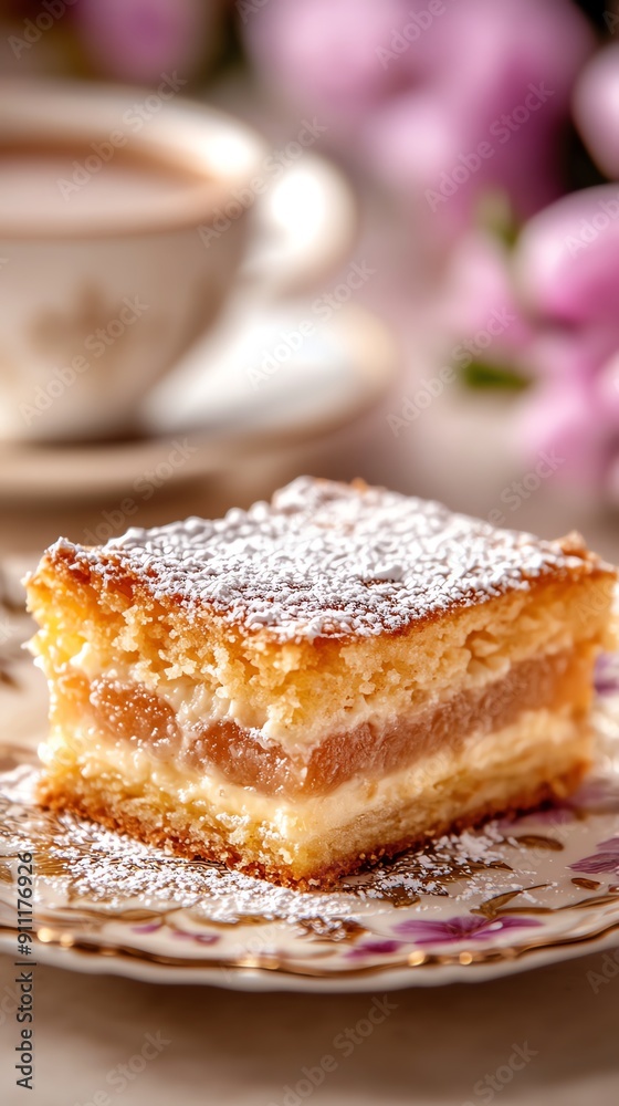 Tarta de ricota slice with powdered sugar on top served on a floral patterned plate with a cup of espresso Tarta de ricota slice with powdered sugar on top served on a floral patterned plate with a cup of espresso