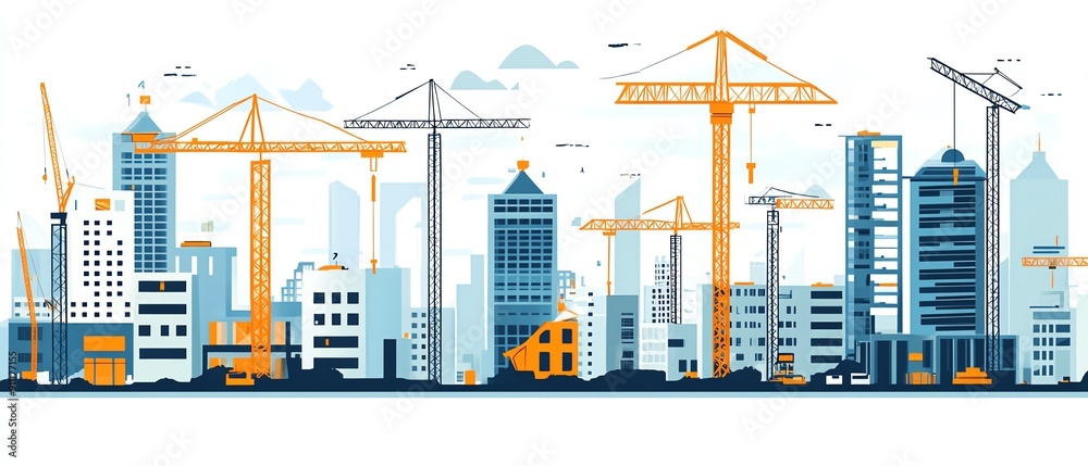 Fototapeta premium A vibrant city skyline under construction, featuring cranes, scaffolding, and modern buildings against a clear sky.