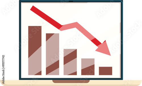 Laptop displaying a graph with a red arrow pointing down, illustrating a financial crisis