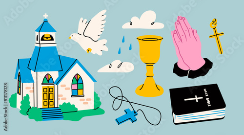 Catholic religious symbols. Various elements: chapel, praying hands, church cup, holy Bible, dove as holy spirit, cross. Faith, religion, communion concept. Isolated design elements. Cartoon style