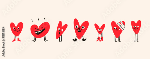 Red Hearts with legs and shoes. Various mood, face emotions. Cartoon style. Cute funny characters. Hand drawn Vector illustration. Love, Valentine's day, romance concept. Isolated design elements