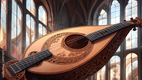 very bizarre angle of a photorealistic closeup view of inside a transparent Lute, imagine you are standing inside of a lute and watching a modern concert hall inside the architecture of the instrument photo