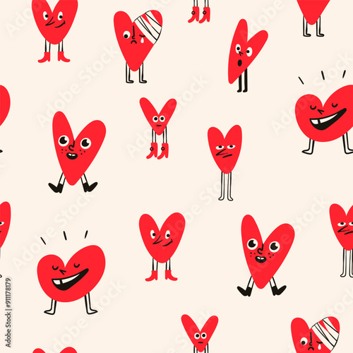 Red Hearts with legs and shoes. Various mood, face emotions. Cartoon style. Cute funny characters. Hand drawn Vector illustration. Love, Valentine's day, romance concept. Square seamless Pattern