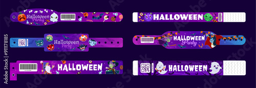Halloween holiday kids party paper bracelets with funny characters, vector hand wristband mockups. Halloween trick or treat party entry bracelets with boo ghosts, zombie monsters, pumpkins and witch