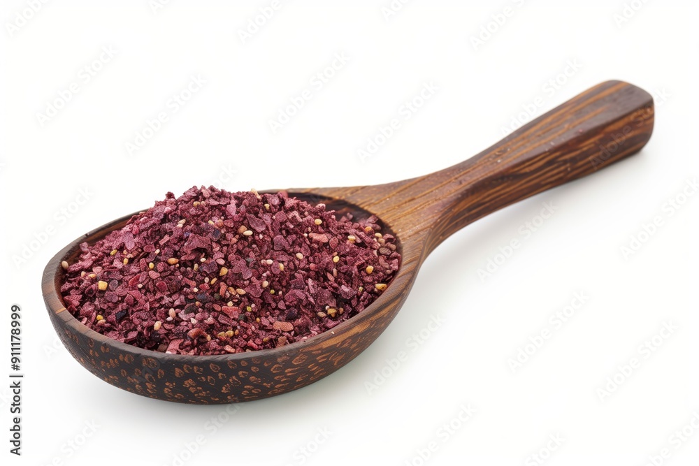 Sumac spice in wooden spoon isolated on a white background. Ground sumac spice. Sumac spice in wooden spoon isolated on a white background. Ground sumac spice.