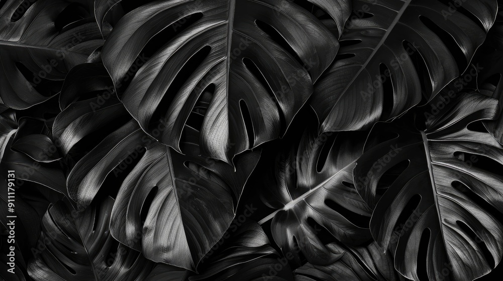 Monochrome Close Up of Tropical Leaves on Black Surface Monochrome Close Up of Tropical Leaves on Black Surface
