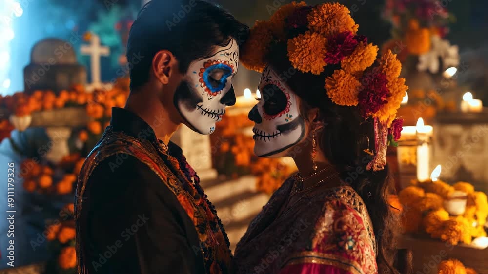 Footage of couple dressed for Dia de los Muertos in cemetery with lit candles and flowers. Traditional Mexican Day of the Dead celebration. Perfect for poster, advertising, banner, and greeting card
