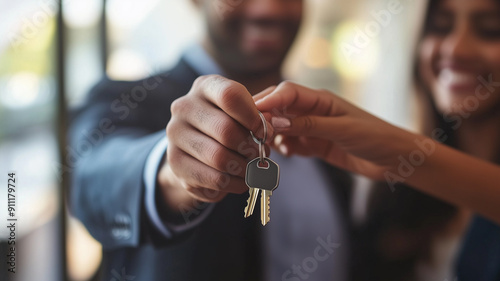 Real estate agent handing over keys to a young couple for their new home