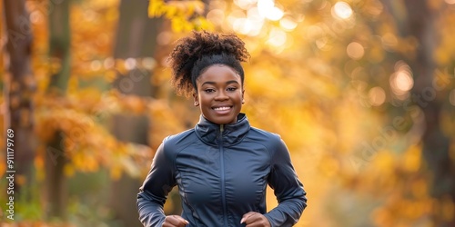 african american woman jogging in park, autumn -